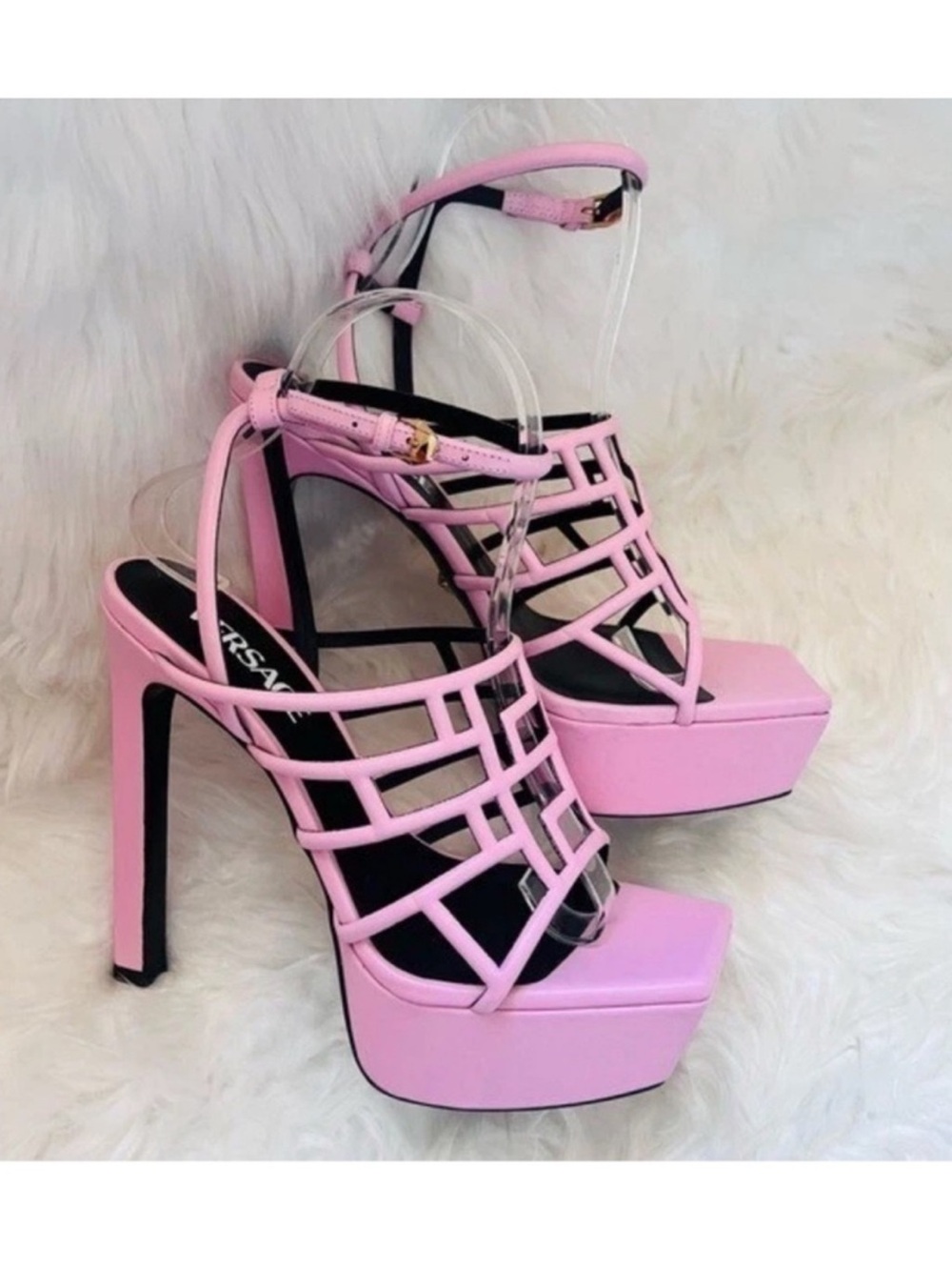 New! VERSACE Greca Maze Pink Leather Platform Sandals Heels IT 38 - Picture 9 of 13